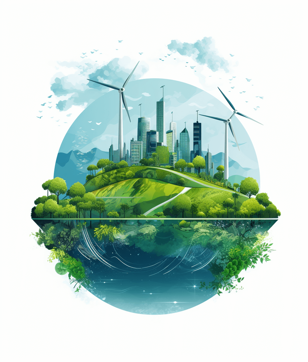 Ecofriendly energy and green technology illustration with wind turbines, city skyline on a globe of Earth with a forested landscape in an isolated vector design. Green environmental protection poster template in the style of environmental protection for ecological concept.