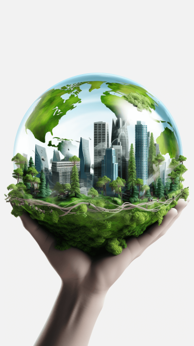 A hand holding the Earth with green trees and buildings inside, on white background, vector illustration style, 3D rendering, digital art, professional photography, high resolution, high detail, closeup view, modern cityscape in an environment of global environmental protection, highlighting sustainable development theme, emphasizing use for advertising poster design.