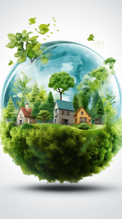 A green planet with houses and trees inside, representing environmental protection. White background, vector illustration style, simple design, vector graphics, simple lines, white space in the middle of the picture. The glass ball is transparent and crystal clear, surrounded by lush greenery. There's an atmosphere of harmony between man and nature. The artwork has realist details and a hyperrealistic rendering style.