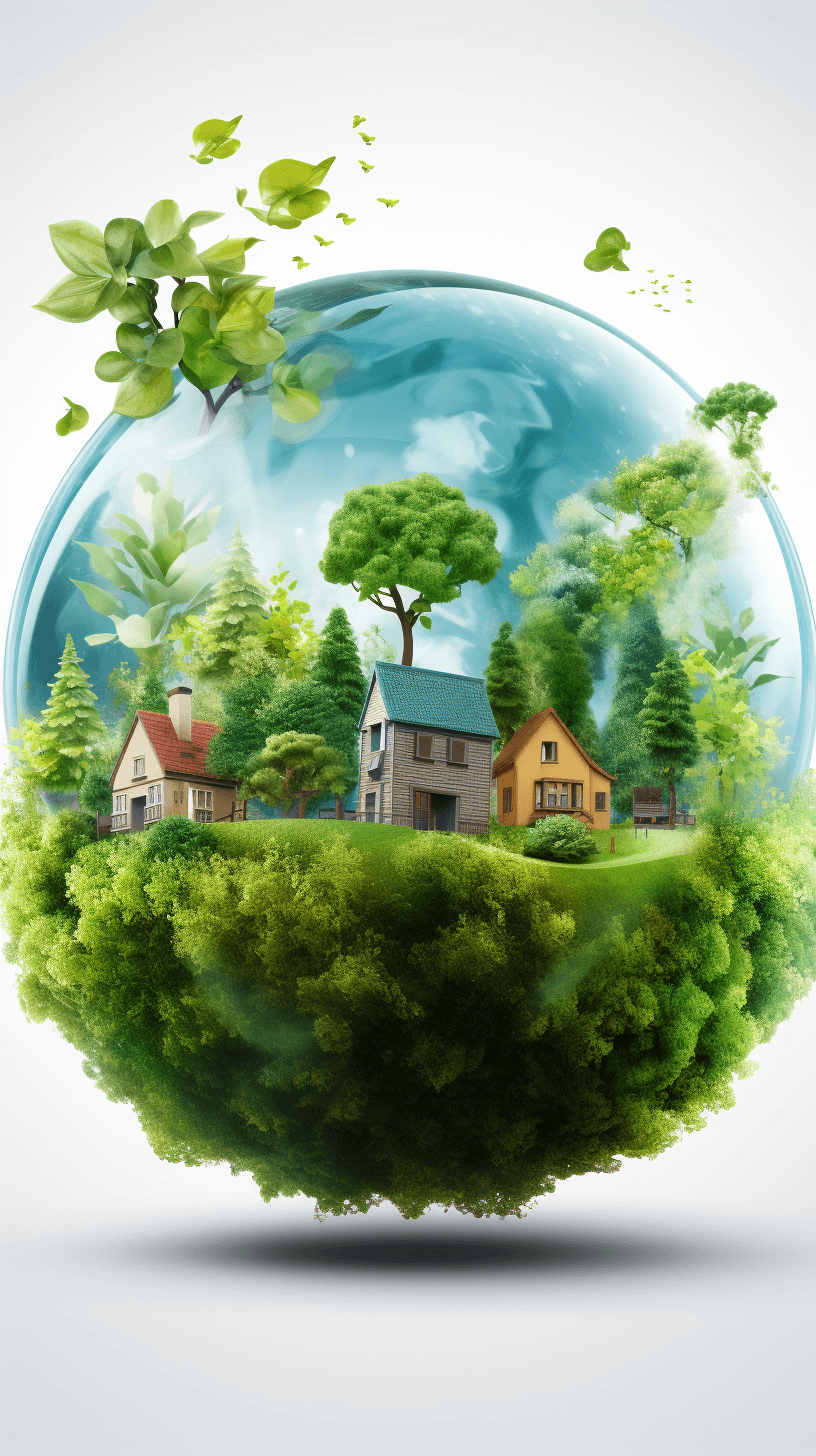 A green planet with houses and trees inside, representing environmental protection. White background, vector illustration style, simple design, vector graphics, simple lines, white space in the middle of the picture. The glass ball is transparent and crystal clear, surrounded by lush greenery. There’s an atmosphere of harmony between man and nature. The artwork has realist details and a hyperrealistic rendering style.