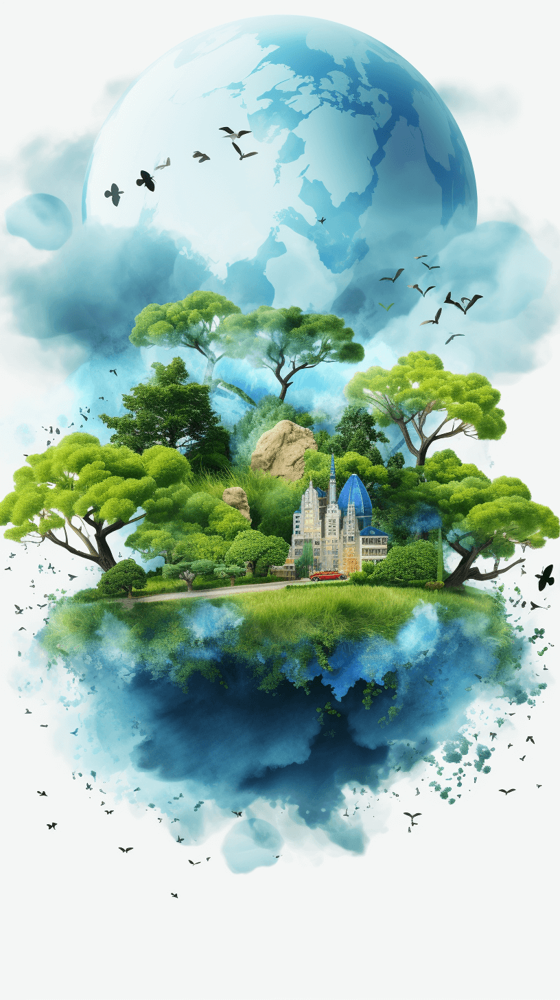 The earth is surrounded by trees and buildings, with a blue sky and white clouds in the background. The green grass on top of it has an illustration style and watercolor painting effect that creates a fantasy, fairy tale world with a dreamy scenery. Cartoon, cute animals are flying around. There is a castle under the globe, shown from the front with a vector graphics style. White space is at the bottom against a white, transparent background.