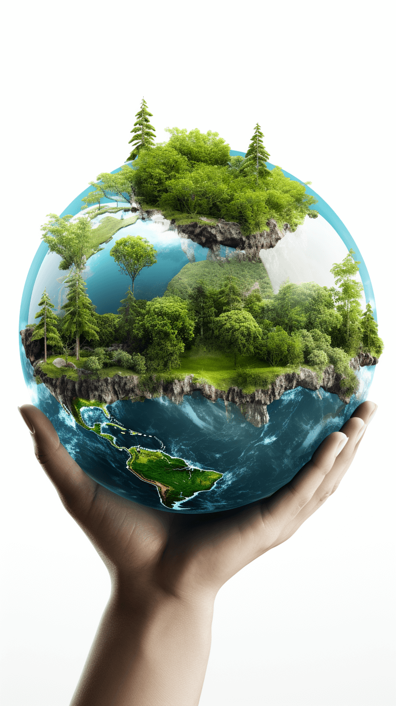 3d Realistic World Earth Day . world in the hands with white background , green forest and water, trees on top of earth planet for ecology concept. isolated vector stock photo contest winner, high resolution photo