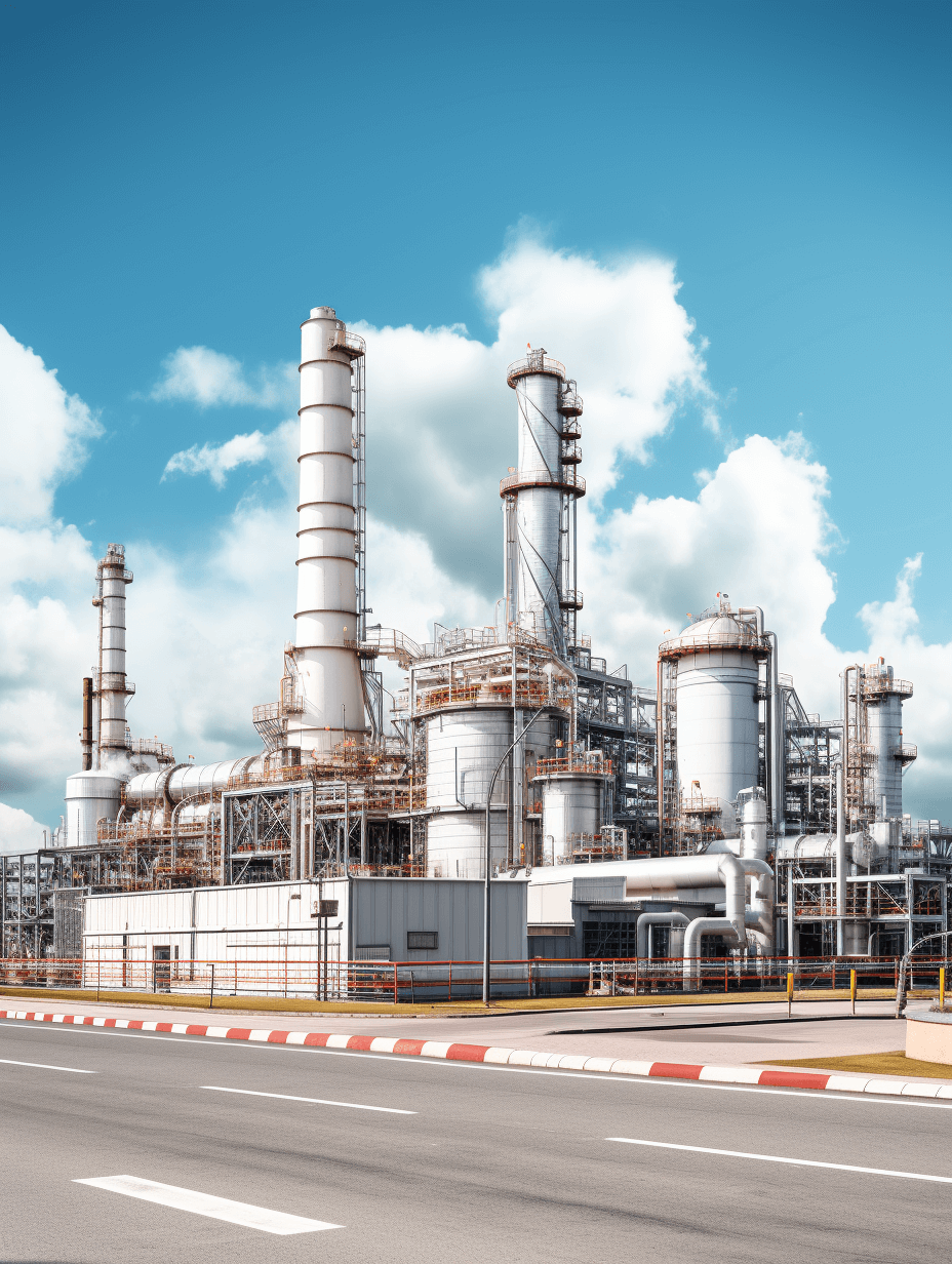 Realistic photo of an industrial petrochemical plant with a white and grey color scheme, against a blue sky with clouds, an industrial area road in front, in a horizontal view.