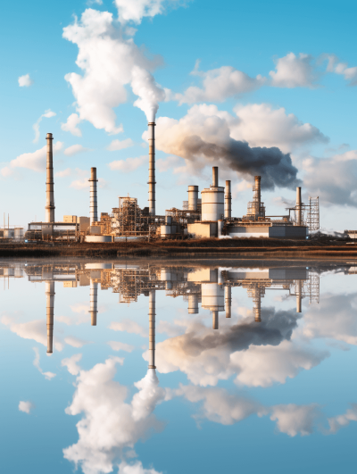 A photo of an industrial plant with smokestacks and reflection in water, showcasing environmental pollution concept.