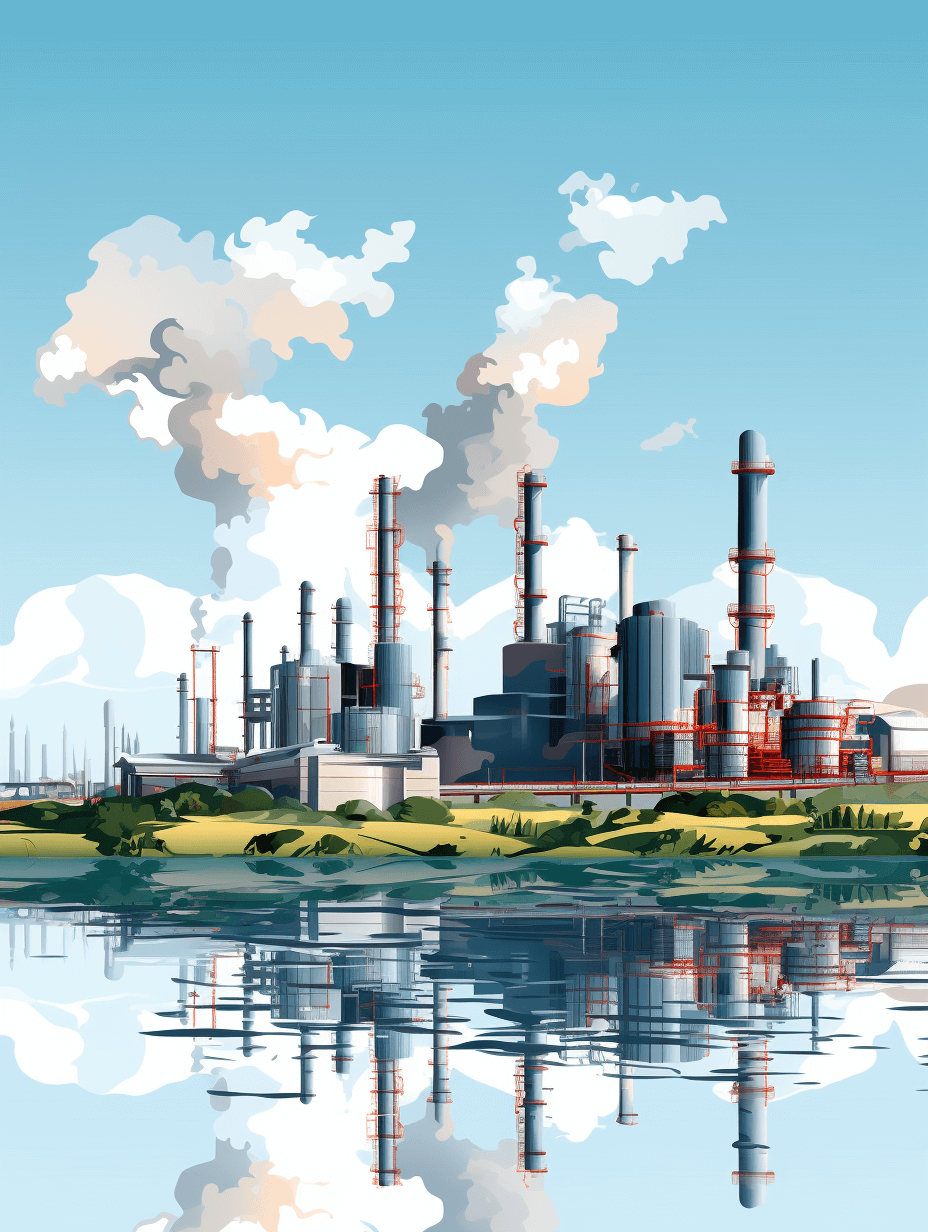 A cartoon vector illustration of an industrial plant with smokestacks and pipes, set against the backdrop of blue sky and green grass near water. The scene is reflected in still waters below. A white cloud floats above it, adding depth to the composition.