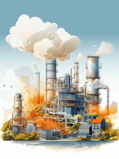 Illustration of an industrial plant emitting smoke, vector art style, detailed background elements, light blue and orange color palette, white cloud in the sky, cartoonlike characters, natural landscape, clean and simple design.