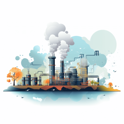 A flat vector illustration of an industrial plant with smokestacks and pipes, set against a white background with a simple design aesthetic. The scene includes trees and buildings in the foreground to create depth. In between them is depicted a large complex factory building with multiple steamers emitting thick clouds of gray fumes into the sky. There's also some small colorful elements around it such as glowing lights or futuristic objects. This style emphasizes simplicity and clean lines.