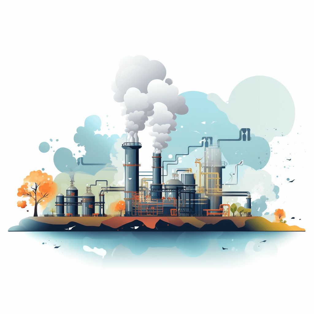 A flat vector illustration of an industrial plant with smokestacks and pipes, set against a white background with a simple design aesthetic. The scene includes trees and buildings in the foreground to create depth. In between them is depicted a large complex factory building with multiple steamers emitting thick clouds of gray fumes into the sky. There’s also some small colorful elements around it such as glowing lights or futuristic objects. This style emphasizes simplicity and clean lines.