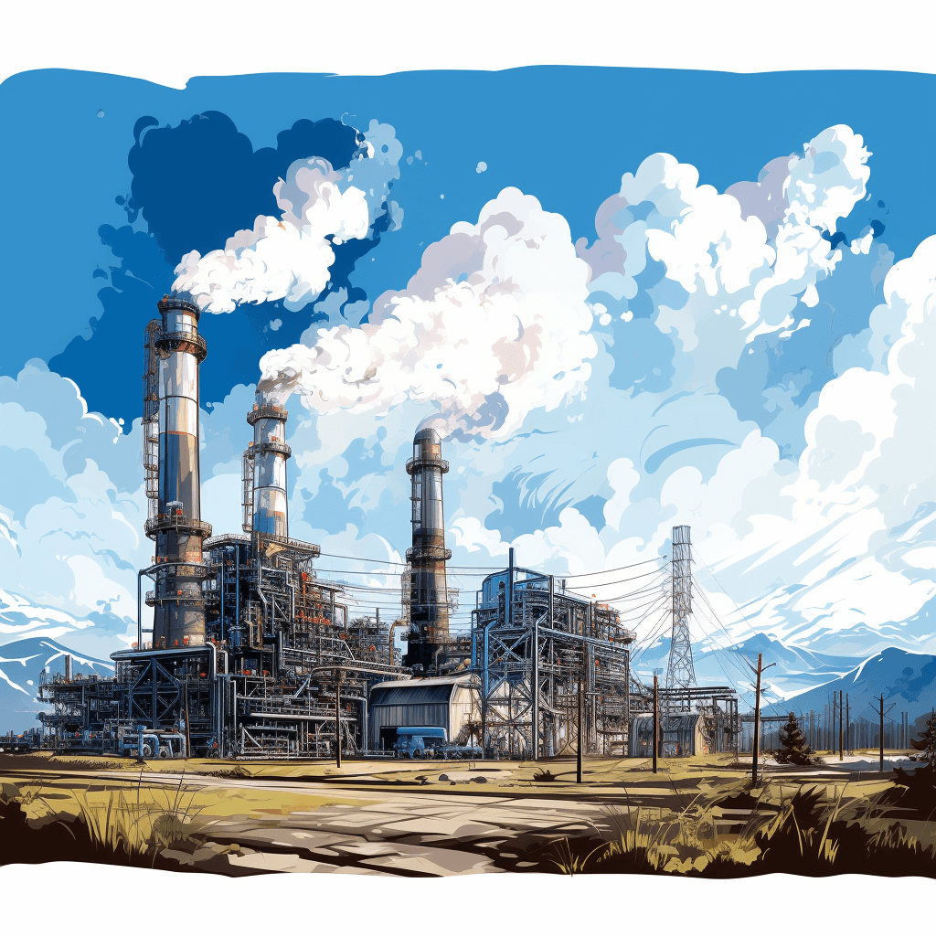 vector illustration of an industrial power plant in the style of [Ralph Steadman](https://goo.gl/search?artist%20Ralph%20Steadman), detailed background landscape, white and blue sky with clouds, oil company buildings, wide shot from a low angle