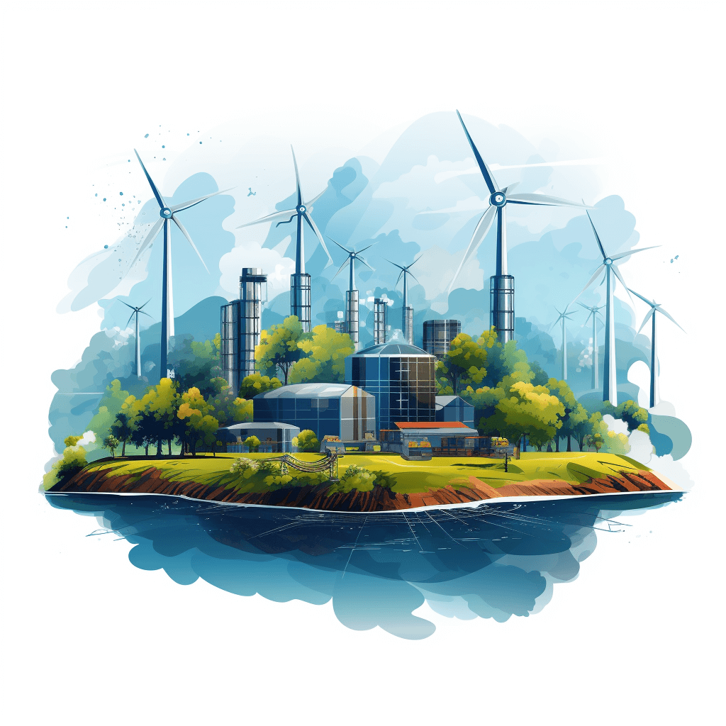 Illustration of modern energy production with wind turbines and green power plants in a flat design style on a white background with blue tones using vector graphics and a watercolor technique. The landscape includes an island with a factory building containing silos for grain storage. A river flows around the buildings, surrounded by trees. There should be some clouds in the sky. In front of it stands a large wind farm. No text. Isolated on a white background. A flat illustration style. Vector style.