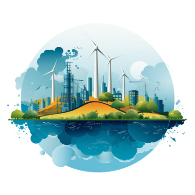 An vector illustration of an island with wind turbines and green energy plants, set against the backdrop of city buildings on land. The scene is isolated in white background, creating a clear contrast between urban industrial landscape and natural scenery. This design symbolizes ecofriendly technology blending seamlessly into nature, representing sustainable power.