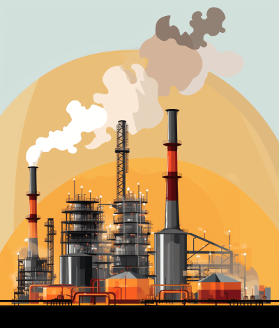 flat vector illustration of an industrial plant with smoke stacks, simple background, simple shapes, flat colors, retro style, vintage poster style, factory and oil refinery with transparent layers and orange color