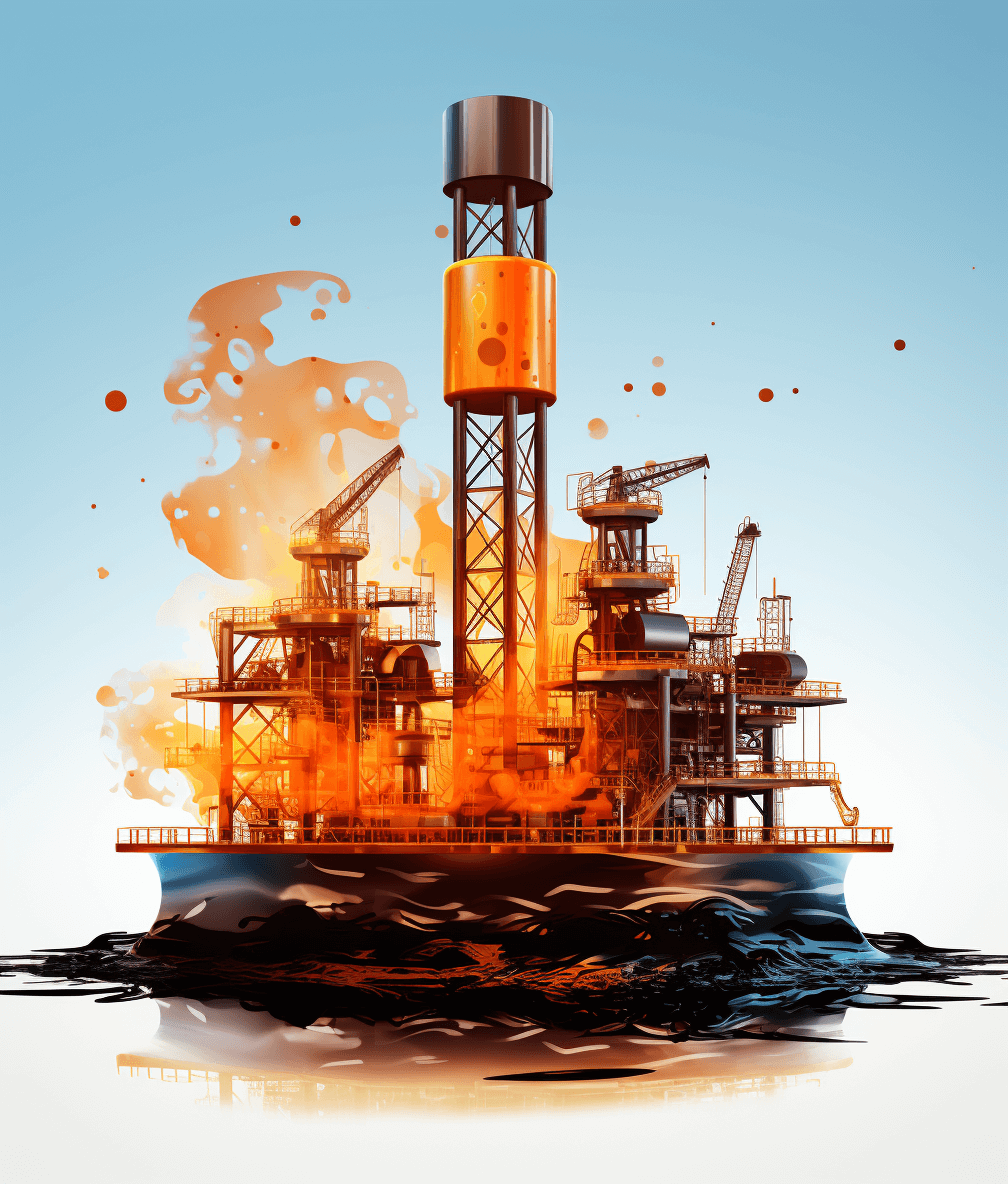 3D illustration of an oil rig with orange flames coming out. On top is an ocean with floating debris against a white background. The art is hyper realistic in the digital art style. A 2D illustration in the vector style with a blue and black color palette.