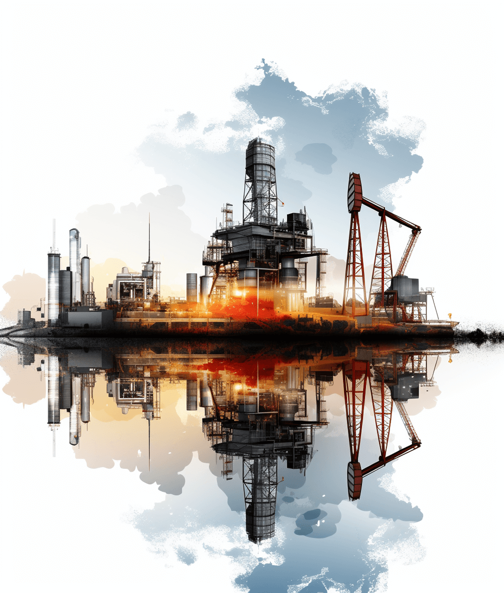 Double exposure illustration of an oil production platform and industrial buildings, with reflection in water. Oil gushing from equipment, with flames burning at the base. White background, high resolution. High contrast colors, dynamic composition. Digital art style, digital painting. No text or other elements present on page.