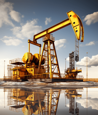 A yellow oil pump with reflection on the ground, sky background, 3D rendering effect, realistic style, oilfield equipment, natural light, perspective composition, rich details and sharpness of highlights. Oil derricks in the far view. The use of wideangle lenses to highlight grandeur and power. High contrast between colors creates a strong visual impact.