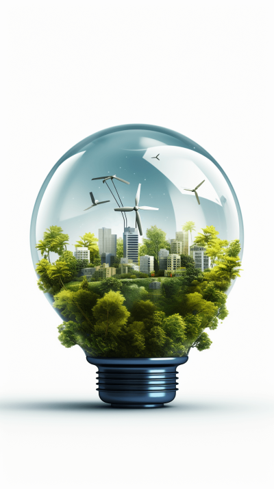 A light bulb containing green trees, wind turbines and futuristic cityscape inside it. white background. photorealistic.