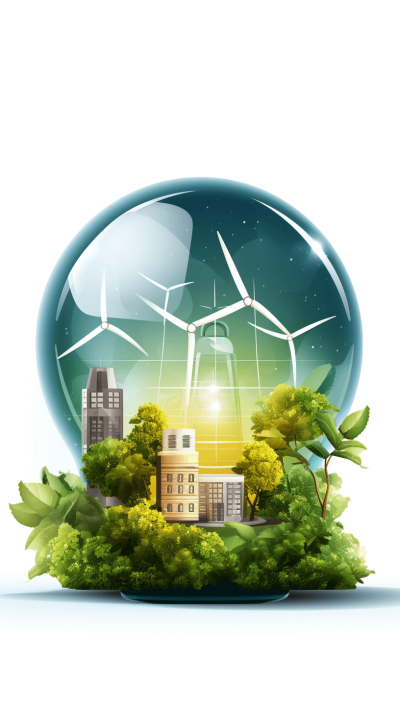 3d illustration of green energy with wind turbines and buildings inside glass ball, white background, png transparent or white background, png cutout vector, 2D design, no shadows, no gradient, white background, 8k resolution, high detail, no shading, no gradients, vector graphics, flat style