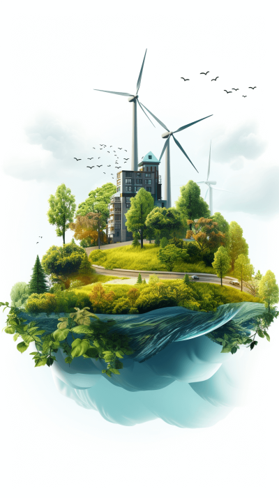 A wind power plant surrounded by greenery and trees on an island in the ocean, with buildings nearby, in the vector illustration style, on a white background, as concept art, with 3D rendering, of a simple design, at high resolution, and high quality, with high detail, and high sharpness, and high definition, in the hyper realistic style, with hyper detailed style, and hyper colored style, and hyper focus style, and hyper octane render style, with hyper realism style, and hyper sharp details style.