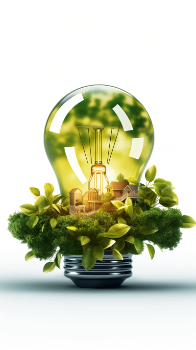 A light bulb with green plants growing inside, featuring an eco-friendly village nestled within the glass of the bulb on a white background, concept art design. The village is in the style of a concept design with stock photo-like 3D rendering and 4D illustration qualities. The octane rendering has a bright and light color theme with high resolution photography.