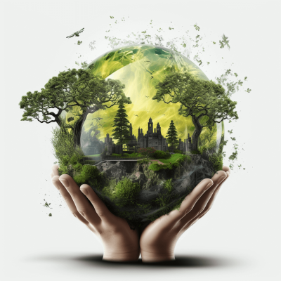 A realistic photo of the earth with trees and buildings inside, held in hands against a white background with a green color theme. The photo is high resolution, high quality and highly detailed with hyperrealistic and super vibrant colors in the style of a fantasy style. The professional photography features studio lighting and global illumination.