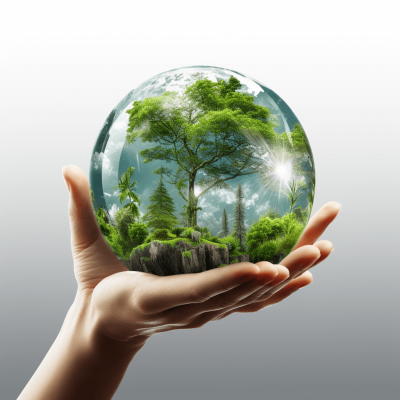 A hand holding the earth with trees and grass inside, in a transparent glass sphere, on a white background, in the style of a 3D rendering, with a green color scheme, at high resolution, with high detail, high quality, high sharpness, high contrast, under natural light, with professional photography, and professional postprocessing in Lightroom, with high dynamic range.