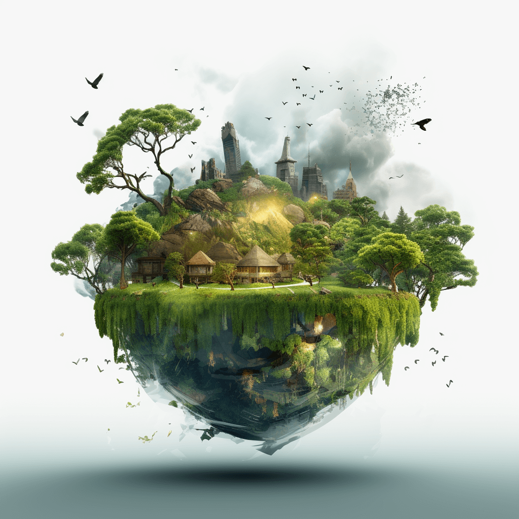 A realistic earth with an island on it, featuring green trees and houses floating in the air. The background is white, creating contrast between light and dark. There is some mist around to add depth. Birds fly over the scene, adding movement. This concept symbolizes environmental protection or Earth Day. The style features stacked, isolated figures in the style of white lighting, studio photography, with an ultra high definition image and clean, simple designs accented in green.