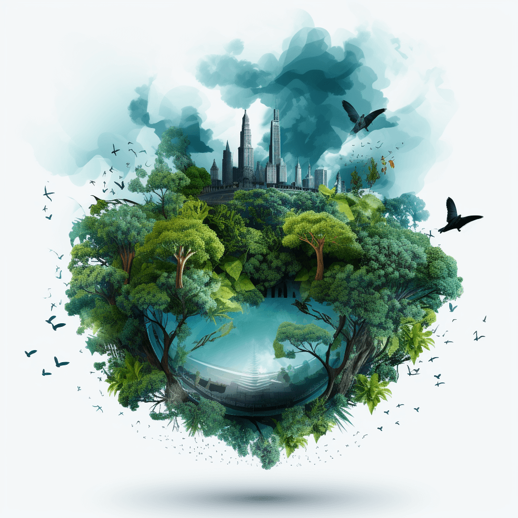 Surreal illustration of an earth with trees and buildings on it, surrounded by flying birds, with a white background and blue green color scheme. The vector graphics show a 3d rendered, detailed digital art design of an isolated object in the style of a fantasy style, fantasy world, fantasy city, fantasy landscape, fantasy nature, fantasy forest, fantasy planet, fantasy space, fantasy galaxy, fantasy universe, fantasy sky and fantasy architecture. The fantasy water is also depicted.