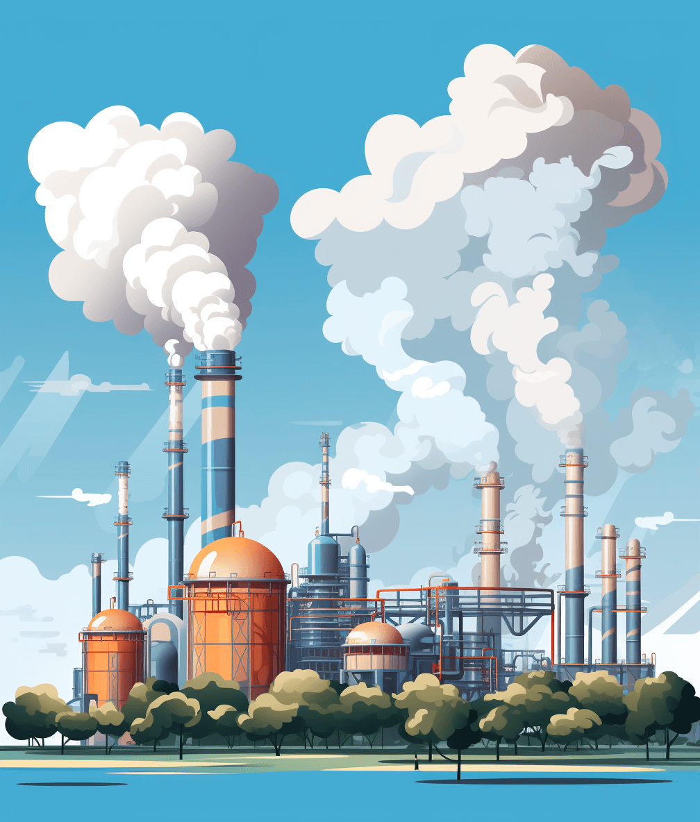 Cartoon style, vector illustration of an industrial plant with smokestacks emitting white clouds into the sky. The scene includes tall buildings and trees in front of it, set against a blue background.