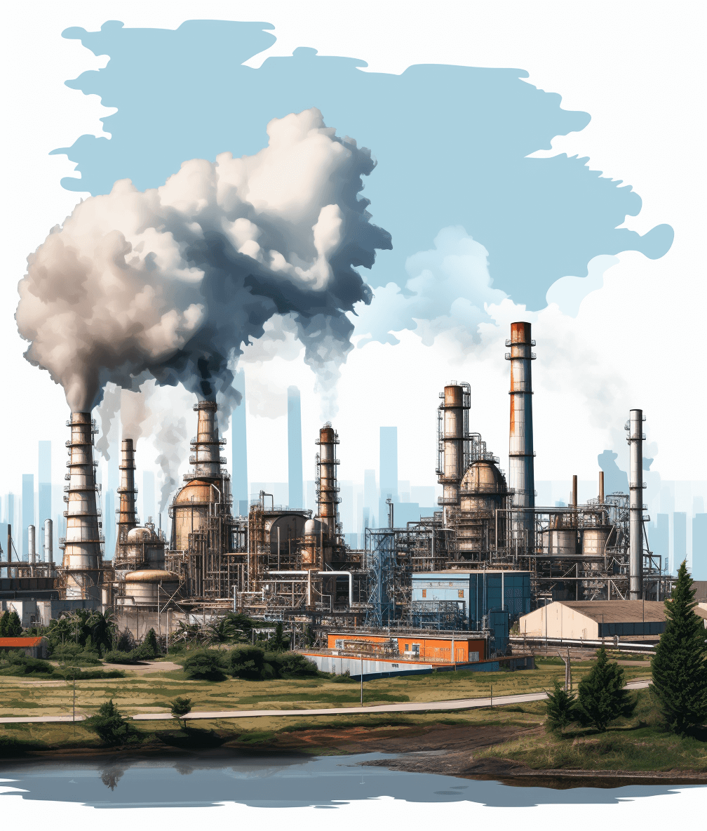 vector illustration of an industrial area with large oil tanks. The smoke from the chimneys is visible in the sky, and there are also some trees nearby. In front stands one building that looks like it could be used as a factory or power plant. There is blue paint on several parts of its exterior, indicating eye-catching features. On the top left side of the scene is a city skyline in the background.