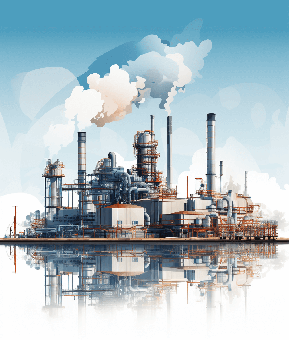 An industrial factory with smokestacks and machinery, vector illustration in the style of corporate illustrations, set against a blue sky background. The scene includes reflections on water surfaces below, adding depth to the composition. This is an illustrative representation, capturing the essence of industry through detailed textures and lighting effects. It should evoke elements like industrial design, technology, or environmental villainry.