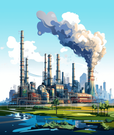 A cartoon style illustration of an industrial plant emitting smoke, set against the backdrop of greenery and blue sky. The factory features large pipes with steam coming out from them, creating thick clouds that rise into the air. In front of it is a river flowing gently under a clear sunny day. There's also a city skyline visible in the distance. This scene conveys urban life, energy production, and the global environment in a style beyond imagination.