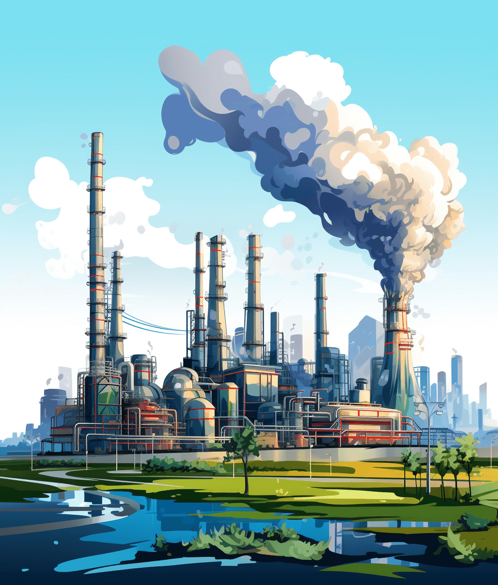 A cartoon style illustration of an industrial plant emitting smoke, set against the backdrop of greenery and blue sky. The factory features large pipes with steam coming out from them, creating thick clouds that rise into the air. In front of it is a river flowing gently under a clear sunny day. There’s also a city skyline visible in the distance. This scene conveys urban life, energy production, and the global environment in a style beyond imagination.