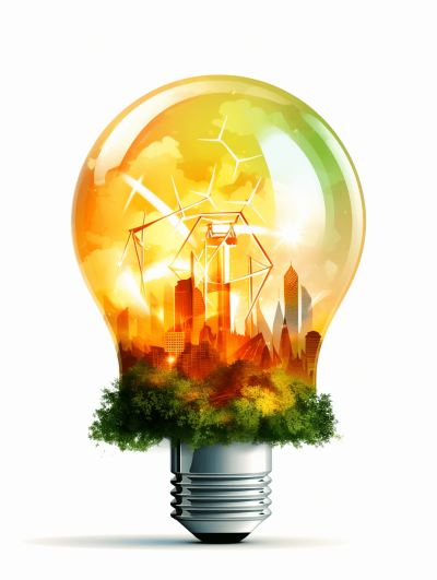 illustration of light bulb with wind turbines and city inside, white background, green yellow orange colors, high resolution photography