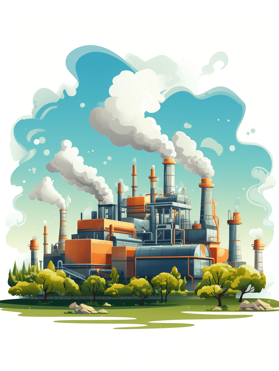 Cartoon style factory with smokestacks and industrial equipment, vector illustration on a white background. The simple design is of high resolution and professional quality with flat colors and flat shading. There are detailed background elements including green grass in front of the building, a blue sky and clouds in the background, and green trees on both sides. The style is reminiscent of a colorful cartoon.