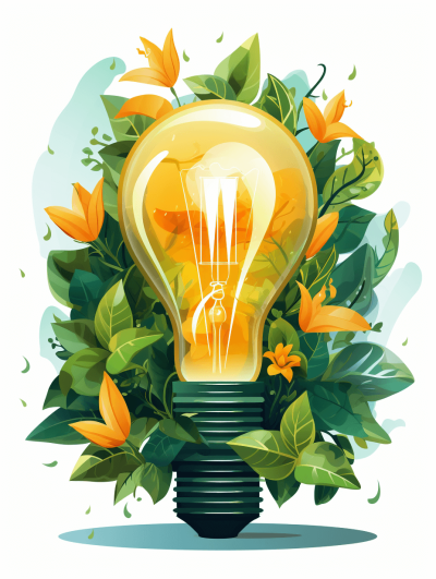 A light bulb surrounded by green leaves and flowers, vector illustration for ecofriendly advertising or energy conceptual design. Vector Illustration on a white background with a clipping path, stock photo contest winner, with an ultra realistic, detailed style in the style of photography.