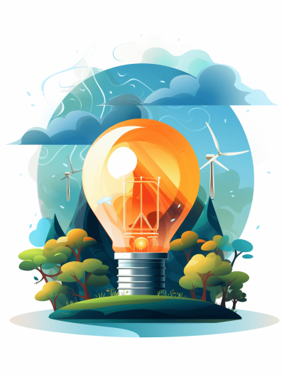 A light bulb surrounded by wind turbines and trees, vector illustration with a flat design style. A bright orange glow emanates from inside the bulb, symbolizing innovation in green energy technology. The background features a blue sky with white clouds, adding depth to the scene. This artwork is perfect for an eco-friendly poster or banner design. Vector Illustration on a transparent Background, the isolated object on a Transparent outline Background.