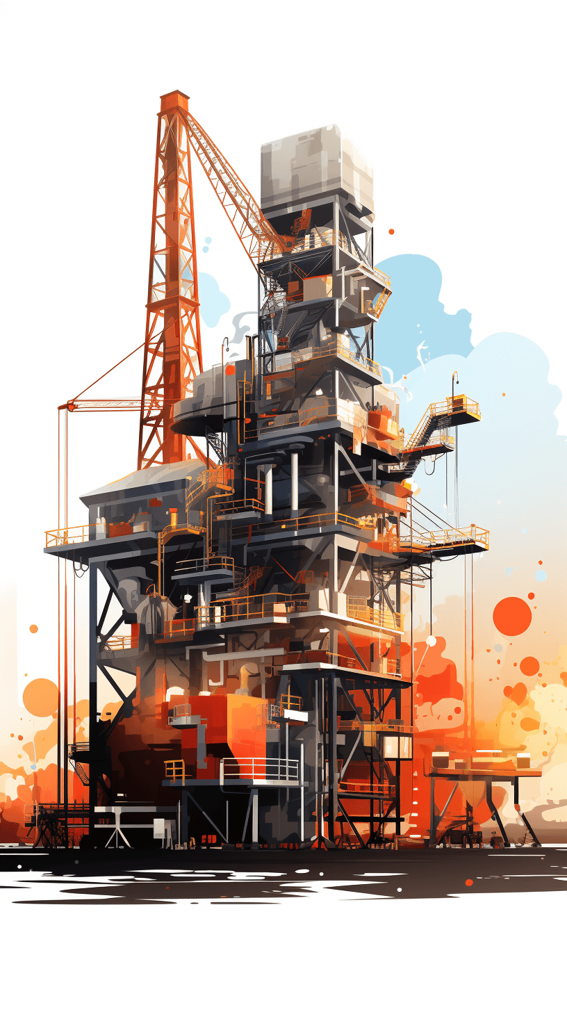 A stylized industrial building with cranes and steel frames, orange accents on a white background, concept art in the style of [Yoji Shinkawa](https://goo.gl/search?artist%20Yoji%20Shinkawa) and Dominik Mayer, energetic illustrations with dynamic brushstrokes, a Storybook illustration.