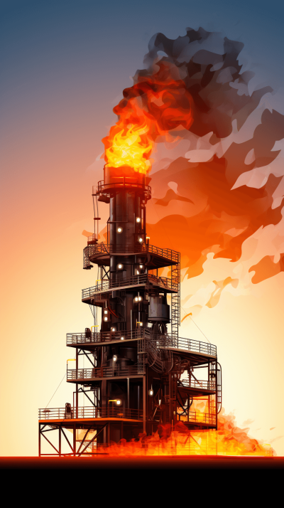 A digital illustration of an oil tower with fire, set against the backdrop of dawn or dusk. The scene captures a dramatic and intense moment as flames engulf parts of the structure, creating dynamic shadows on its surroundings. This composition emphasizes both power in destruction and beauty in the rising sun.