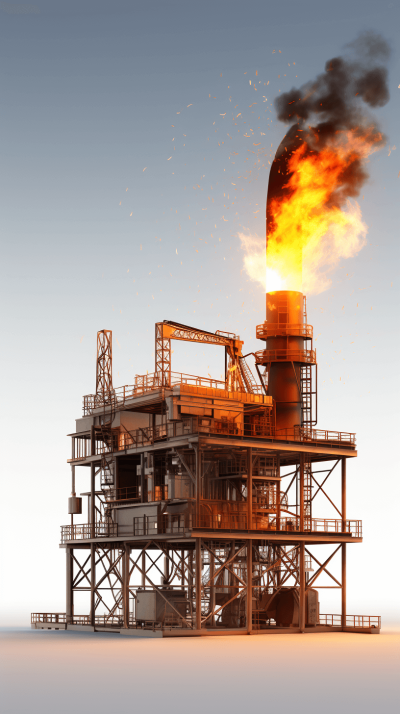 3D render of an oil and gas production platform with a burning flame, solid white background, studio lighting, octane rendering in the style of hyper realistic