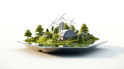 3D rendering of an island with wind turbines and greenery on top, floating in the air on a white background. There is also a futuristic building. In front there's a table made from a stainless steel plate that floats in water, and inside it we can see a miniature landscape with trees and buildings. The composition should convey innovation and sustainability to highlight energy company products in the style of futuristic artwork.