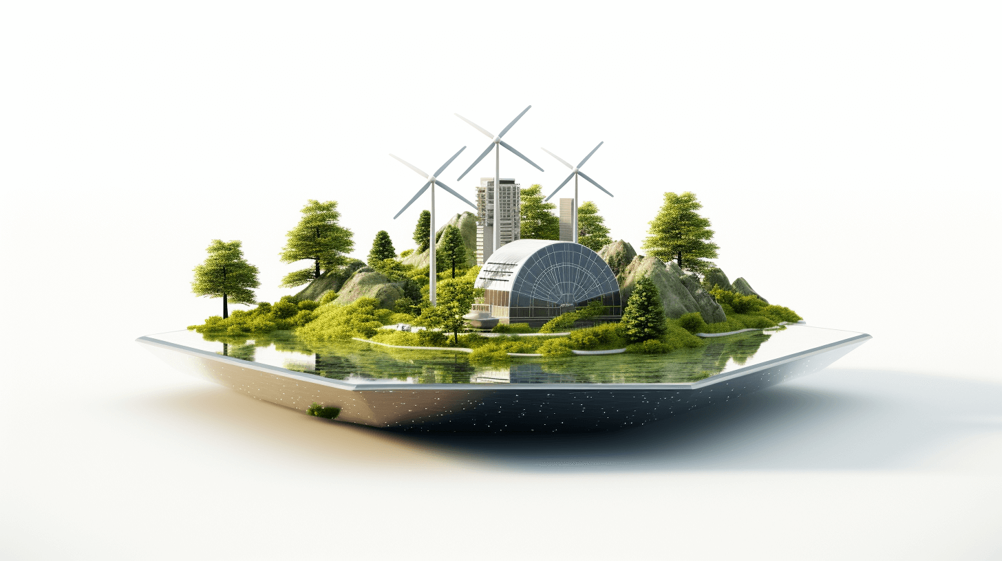 3D rendering of an island with wind turbines and greenery on top, floating in the air on a white background. There is also a futuristic building. In front there’s a table made from a stainless steel plate that floats in water, and inside it we can see a miniature landscape with trees and buildings. The composition should convey innovation and sustainability to highlight energy company products in the style of futuristic artwork.