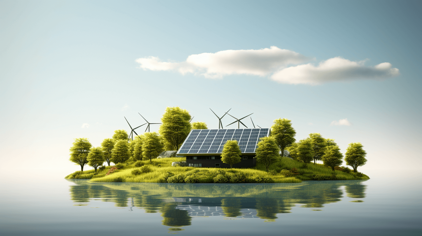 A small island with solar panels and wind turbines on it, surrounded by trees. The sky is a clear blue, creating an atmosphere of harmony between nature and technology. In the center stands a modern house made from eco-friendly materials, emitting green energy. This scene symbolizes sustainable living in rural areas. In the style of photo realistic.