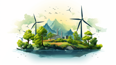 An illustration of an island with wind turbines, greenery and buildings on a white background. The scene includes mountains in the distance, trees around it, birds flying above, water at its base and some small structures or landmarks. This is a vector graphic illustration with flat colors and no shadows. It's a simple yet detailed depiction of energy commercialization, showcasing nature, urban life and sustainable power generation elements in one composition. Vector Illustration, in the style of digital art.