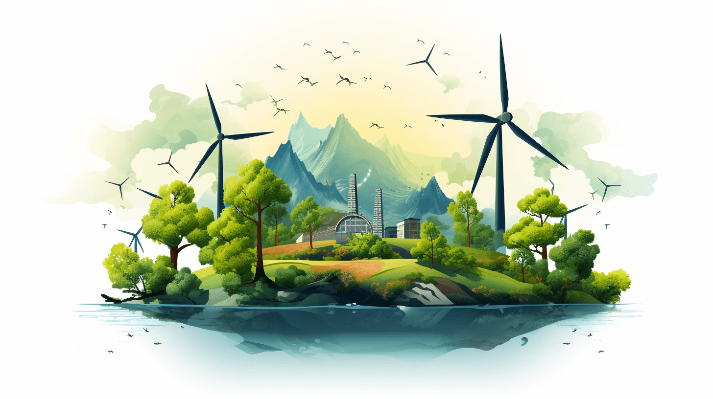 An illustration of an island with wind turbines, greenery and buildings on a white background. The scene includes mountains in the distance, trees around it, birds flying above, water at its base and some small structures or landmarks. This is a vector graphic illustration with flat colors and no shadows. It’s a simple yet detailed depiction of energy commercialization, showcasing nature, urban life and sustainable power generation elements in one composition. Vector Illustration, in the style of digital art.