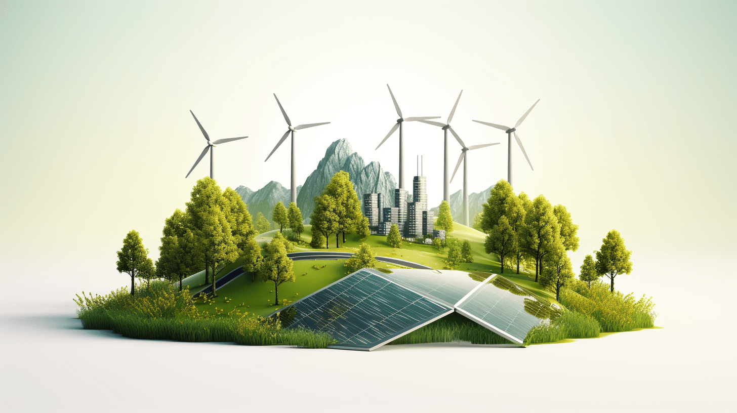 3d rendering of green energy landscape with solar panels, wind turbines and city on the background. isolated illustration in light pastel colors on white background. concept for ecology environment technology and sustainable development ultra realistic, detailed, photography, stock photo