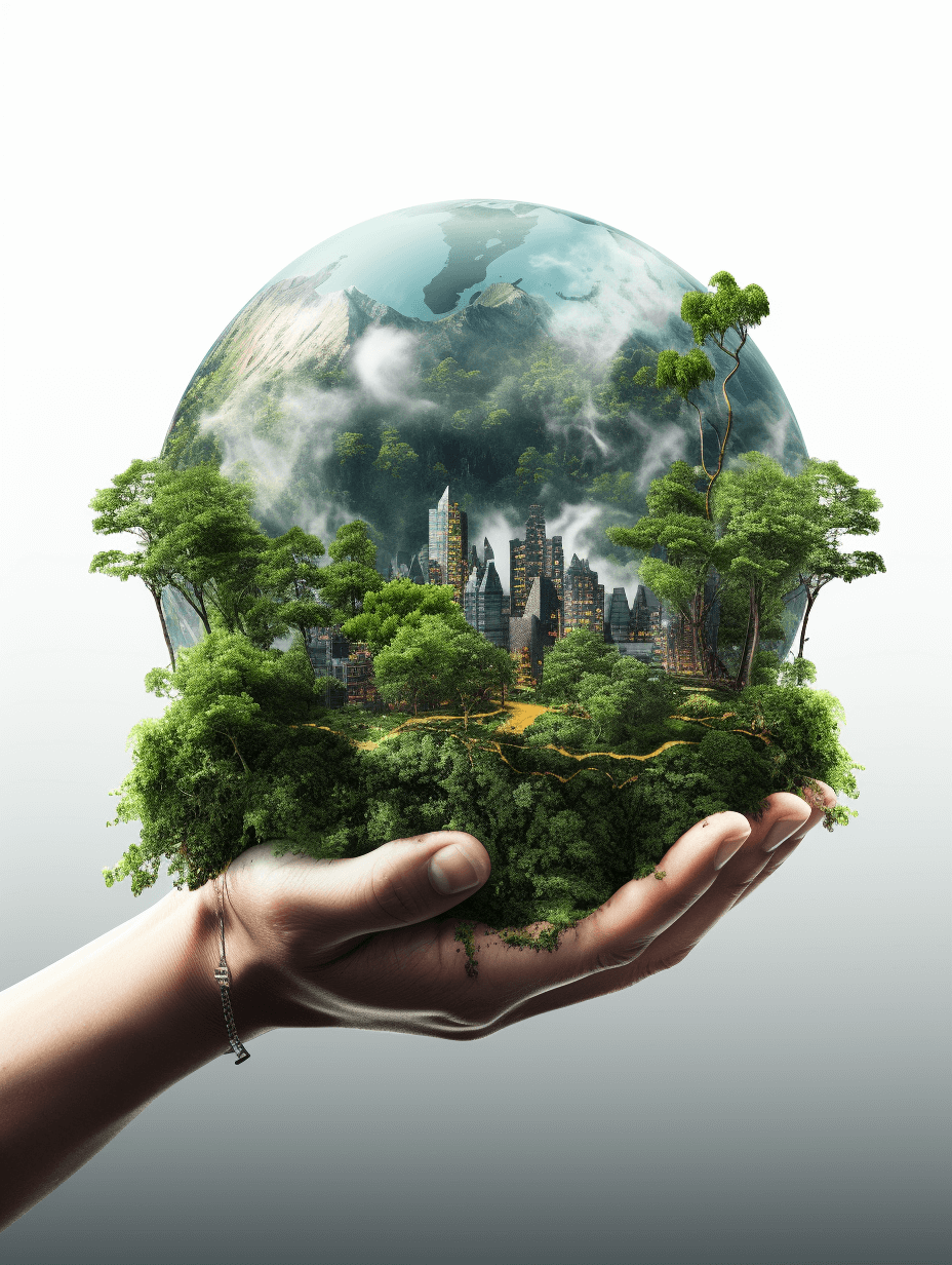 A realistic photo of the Earth with green trees and city buildings inside it, held in hand against a white background in a hyperrealistic style.