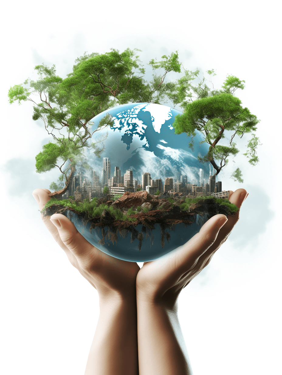 Hands holding planet earth with city and trees inside, isolated on white background, realistic photo, high resolution — s250 style raw stylize 436