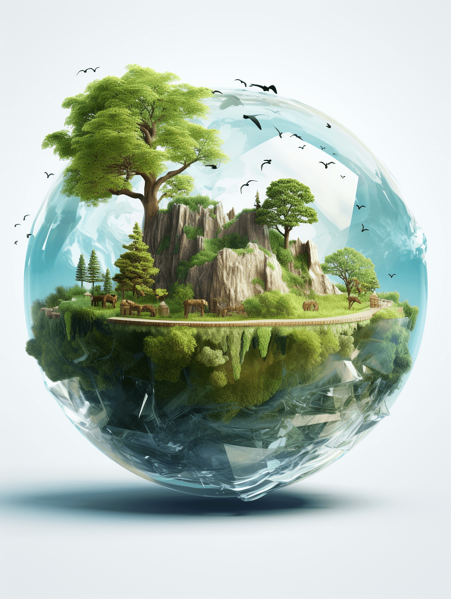 A transparent glass sphere with an island inside, the landscape of which is green and surrounded by forests, rocks and birds flying in the sky. The background color should be white to highlight the object, creating a realistic illustration effect.