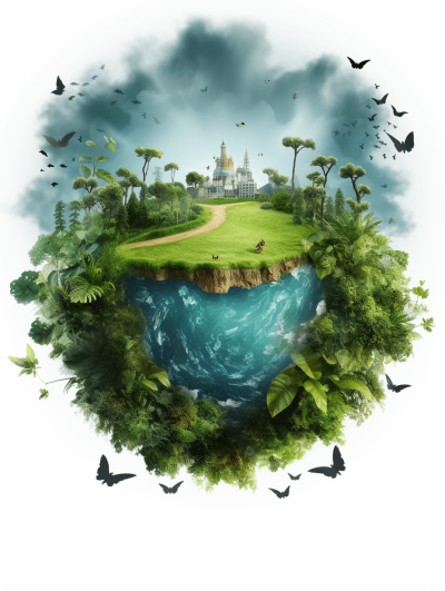 A realistic illustration of an earth with grass and water, a palace in the background surrounded by trees and birds flying around it, png transparent white background, png file for photoshop