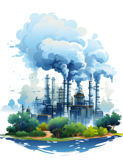 A factory emitting smoke, surrounded by trees and plants, vector illustration style, simple lines, white background, blue sky, clouds, cartoon style, children's book illustrations, high resolution, high quality, high detail, best quality, high definition, high resolution, best details, best sharpness, best color scheme, best colors, best quality, best color matching, high resolution, high quality, high detailed, best quality, best colors, best color matching, high definition, high resolution, best quality, best color matching, high resolution, high definition, high definition, high resolution, best quality